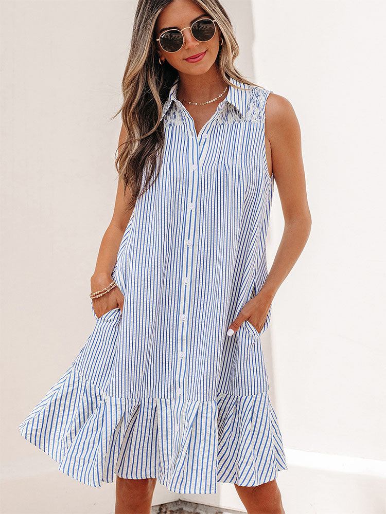 sleeveless button down shirt dress Women's Striped Ruffle Hem Beautiful Cocktail Dresses With Flat Shoes Wine Colored 5% Stretch Made in Color:Soft Black Shark