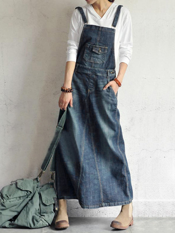 Casual Vintage-Inspired Back Slit Denim Overall Dress Casual Vintage-Inspired Back Slit Denim Overall Dress
