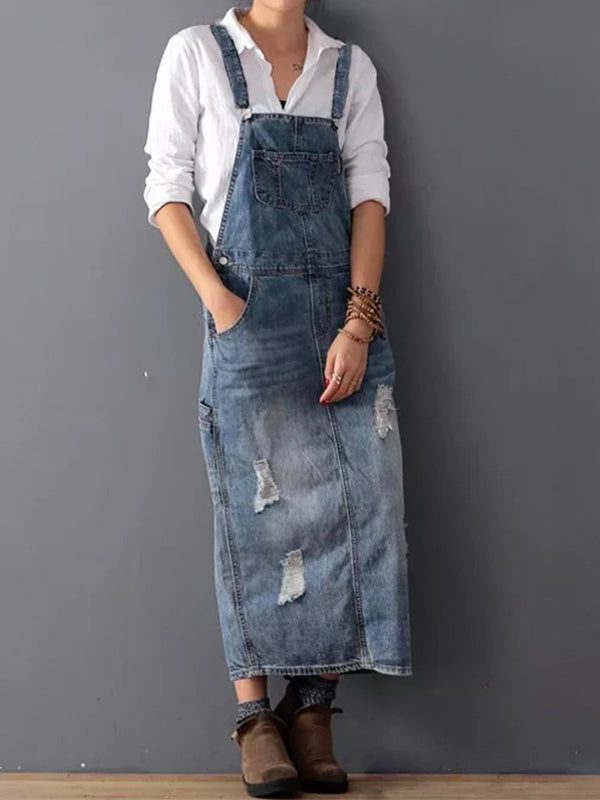 Robe salopette en jean vieilli avec fente dans le dos Madepants Robe salopette en jean vieilli avec fente dans le dos Madepants