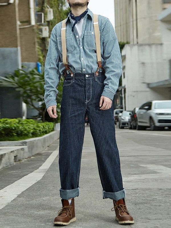 Vintage-Inspired Striped Straight Denim Suspender Jeans Overalls 