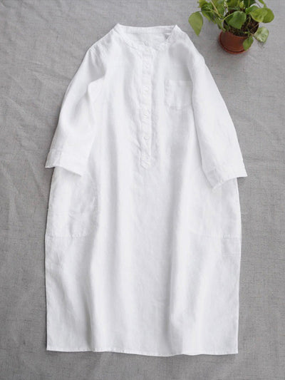 Mid-length Sleeves Loose Linen Shirt Dresses