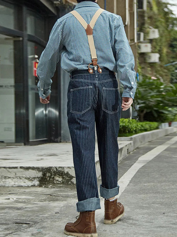 Vintage-Inspired Striped Straight Denim Suspender Jeans Overalls