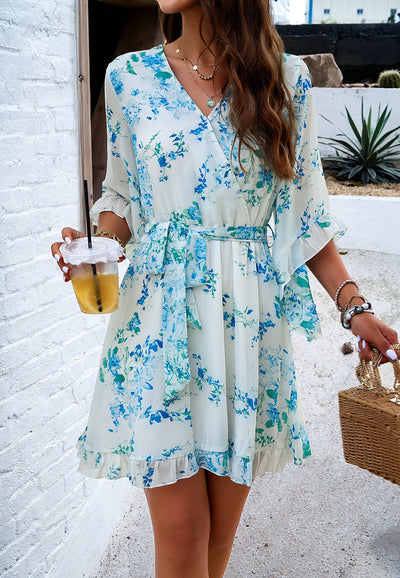 Floral Chiffon Wrap Dress with Ruffle Hem
