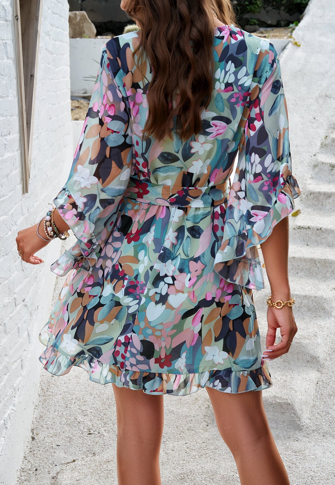 Floral Chiffon Wrap Dress with Ruffle Hem