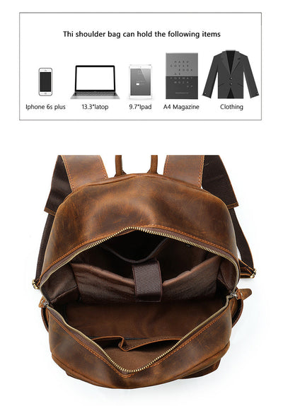 Men's Vintage-Inspired Crazy Horse Leather Backpack