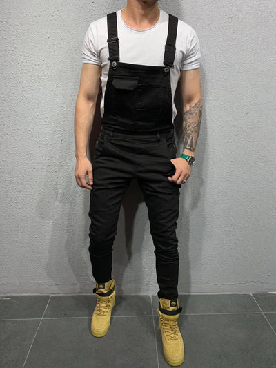 Men's Skinny Fit Flap Pocket Denim Overalls