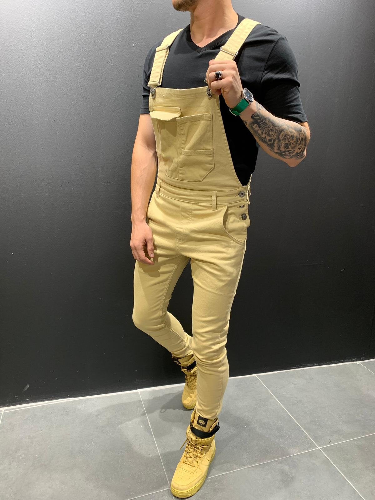 Men's Skinny Fit Flap Pocket Denim Overalls