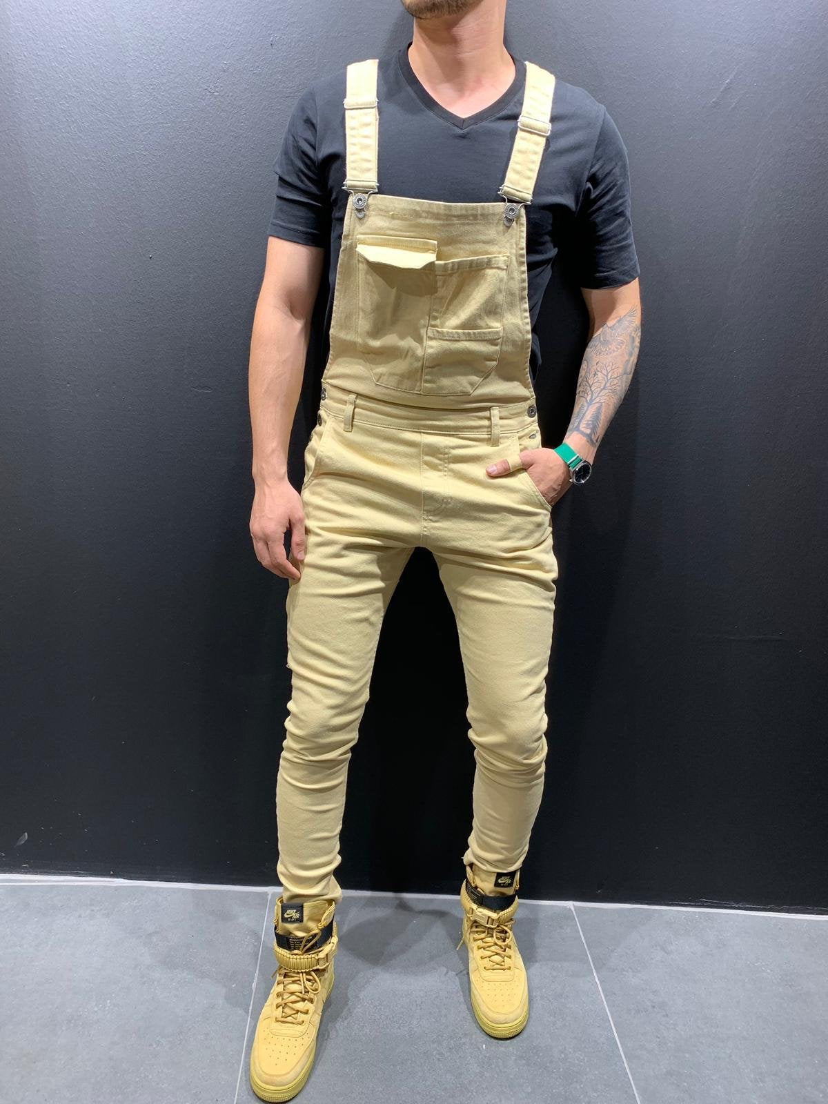 Men's Skinny Fit Flap Pocket Denim Overalls