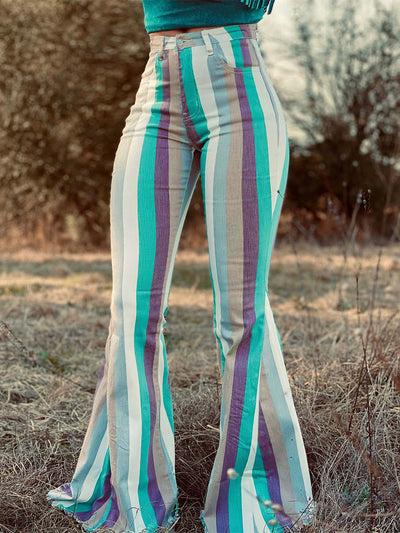 Women's High Waist Multicolor Striped Flare Pants