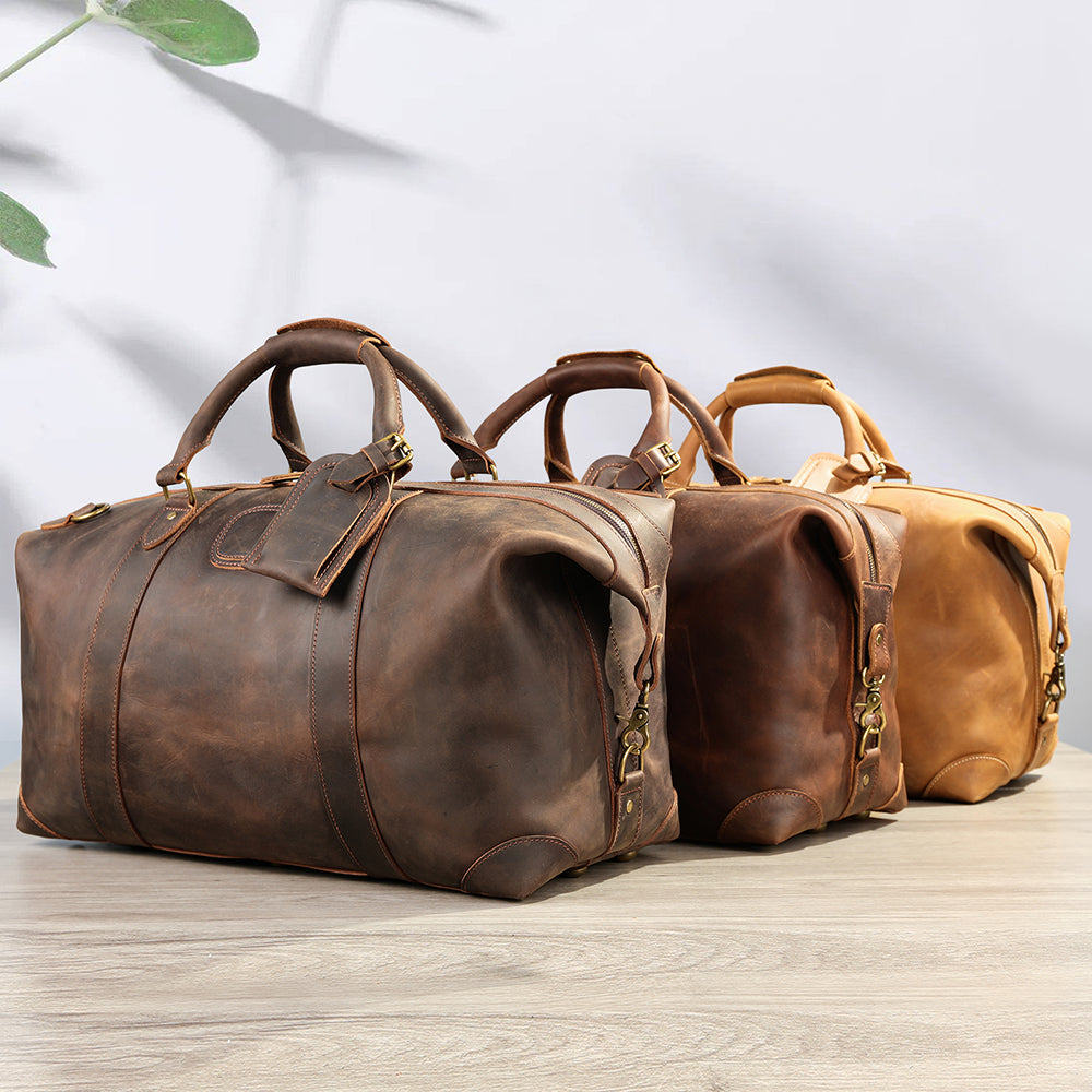 Vintage-Inspired Crazy Horse Leather Travel Duffel Bag