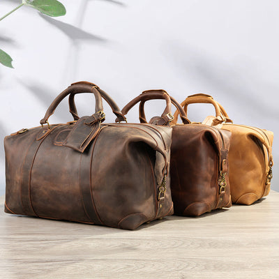 Vintage-Inspired Crazy Horse Leather Travel Duffel Bag