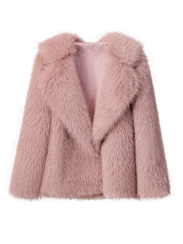 Loose Lapel Long Sleeve V-neck Faux Fur Coat