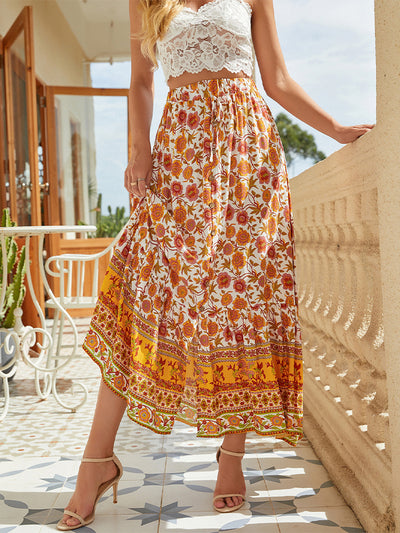 Bohemian Print Patterned Buttoned Slit Skirt