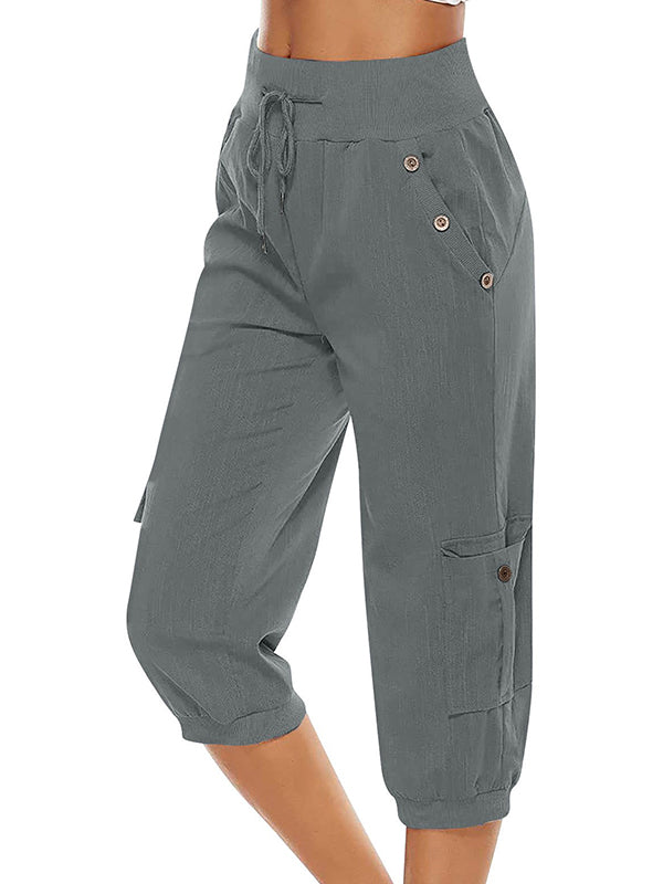 Pantalones capri informales con cordón y cintura elástica para mujer