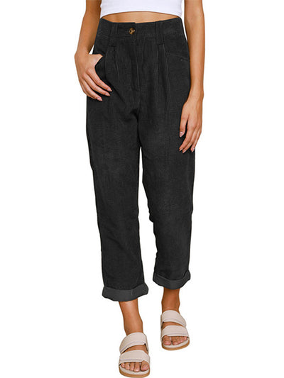 Pantalon en velours côtelé taille haute à jambe droite avec poches pour femme