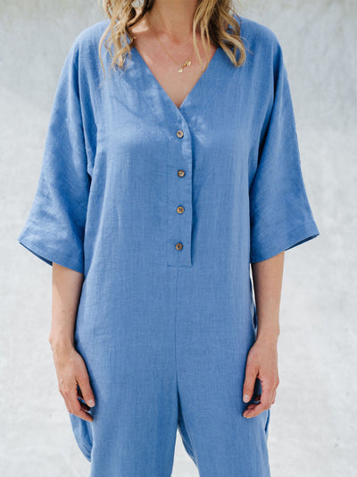 Women's Button Up Half Sleeve V Neck Cotton and Linen Jumpsuit