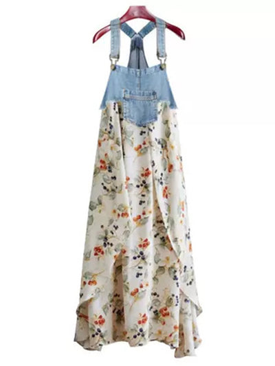 Denim Patchwork Watercolor Maxi Overall Dress
