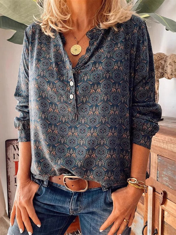 Bohemian Print Button-Front Long Sleeve Blouse