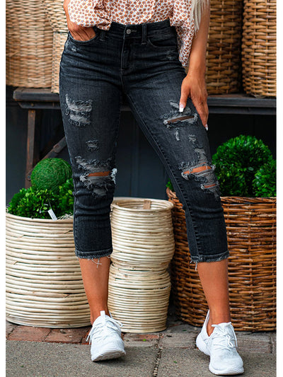 Ripped Capri Jeans Distressed Mid Rise Stretch Denim Capris