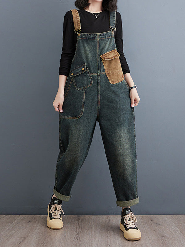 Salopette en denim délavé contrasté pour femme