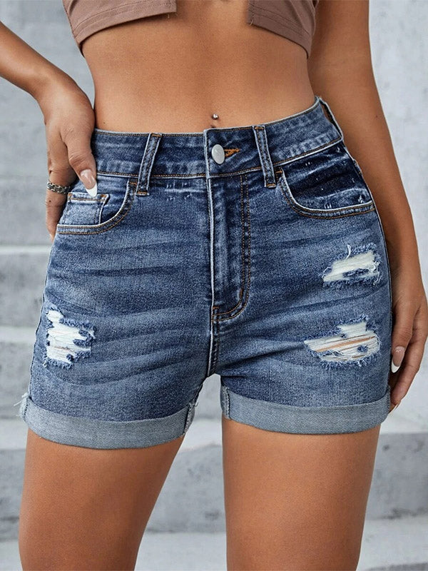 Short en jean extensible taille mi-haute à revers doux et déchiré