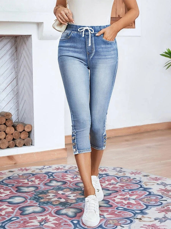 Drawstring Elastic Waist Button Slit Stretch Denim Capri