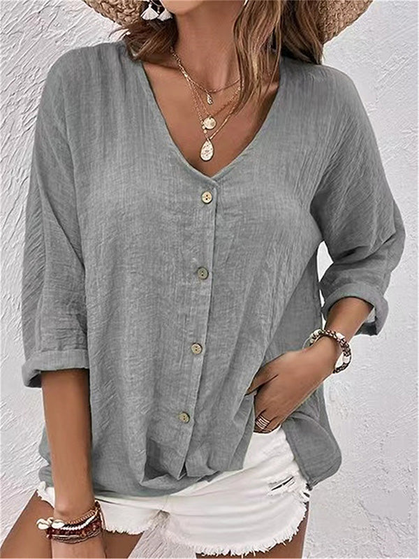 Button Up Casual V-Neck Long Sleeve T-Shirt