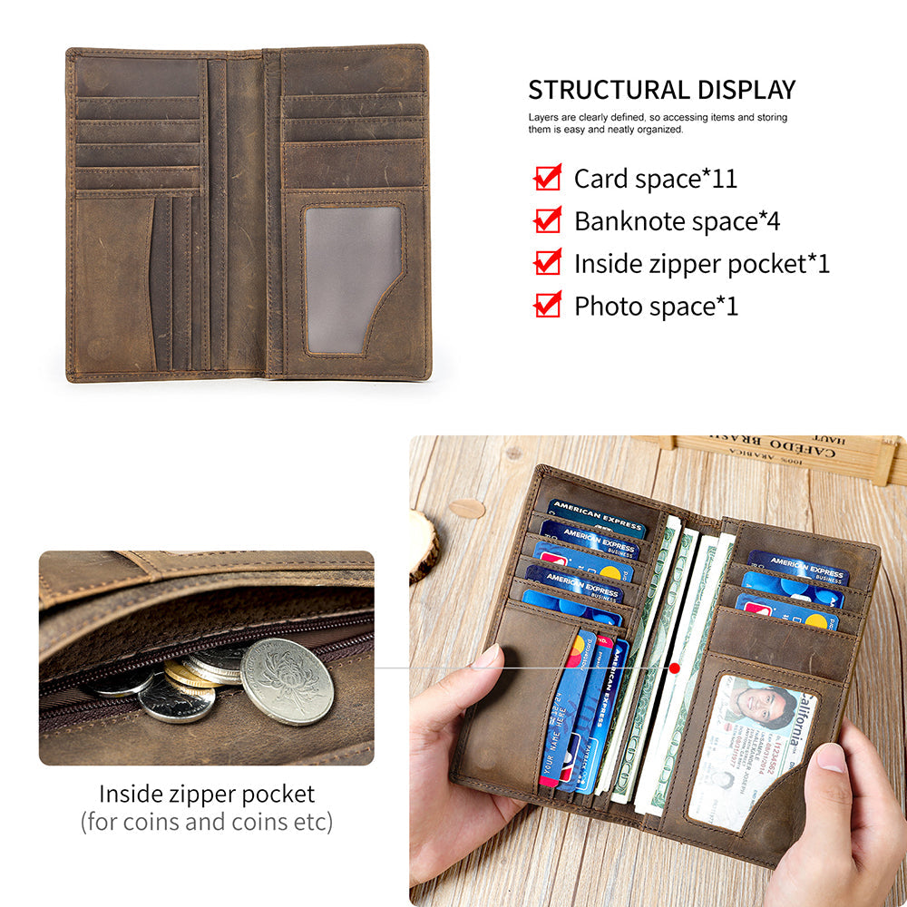 Men's Vintage-Inspired Crazy Horse Leather Long Wallet