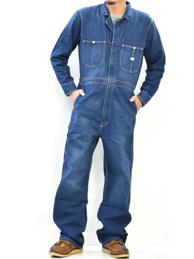 Men's Zipper Multi Pocket Long Sleeve Denim Coveralls