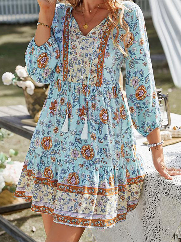 Robe à imprimé bohème à manches 3/4 et col en V