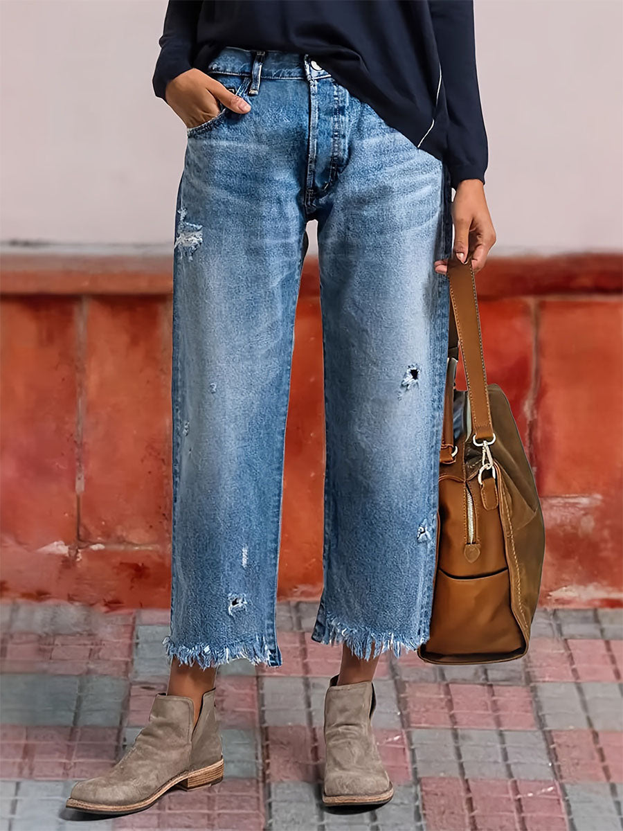 Distressed Raw Hem Straight-Leg Jeans