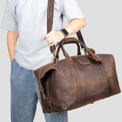 Vintage-Inspired Crazy Horse Leather Travel Duffel Bag