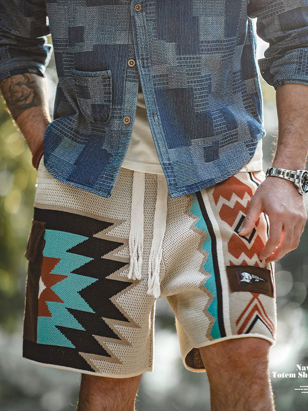 Pantalones cortos sueltos Navajo con cordón vintage Pantalones cortos geométricos de color en contraste