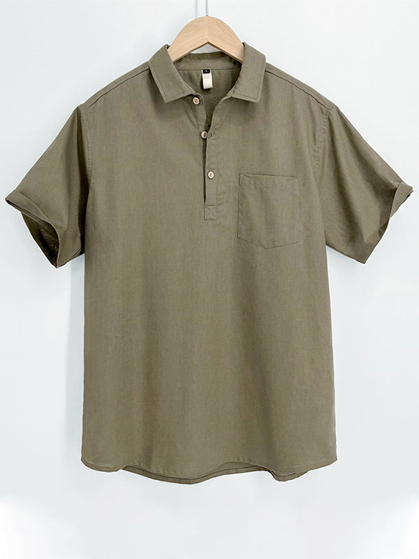Polo de manga corta de algodón y lino de color liso para hombre
