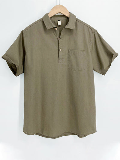Men's Solid Color Cotton and Linen Short Sleeve Polo Shirt