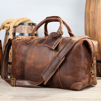 Vintage-Inspired Crazy Horse Leather Travel Duffel Bag