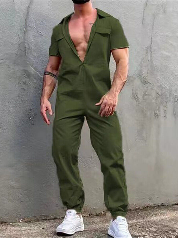 Men's Casual Zipper Neck Cargo Jumpsuit