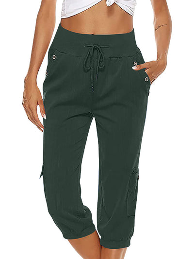 Pantalones capri informales con cordón y cintura elástica para mujer