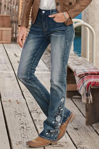 Jean bootcut taille moyenne avec broderie florale à la main