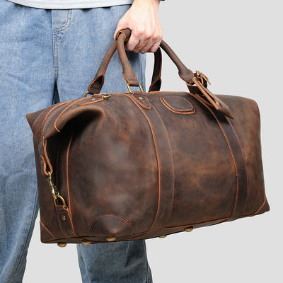 Vintage-Inspired Crazy Horse Leather Travel Duffel Bag