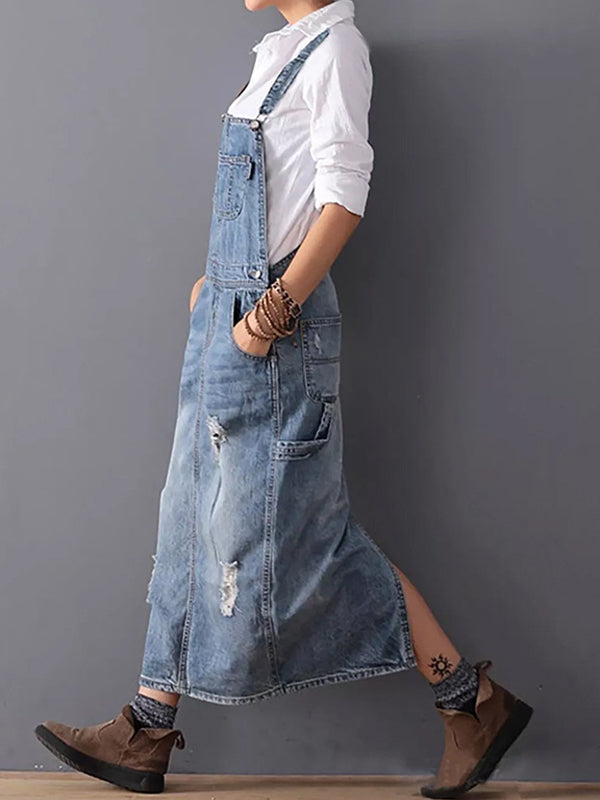 Back Slit Distressed Denim Overalls Dress – Madepants