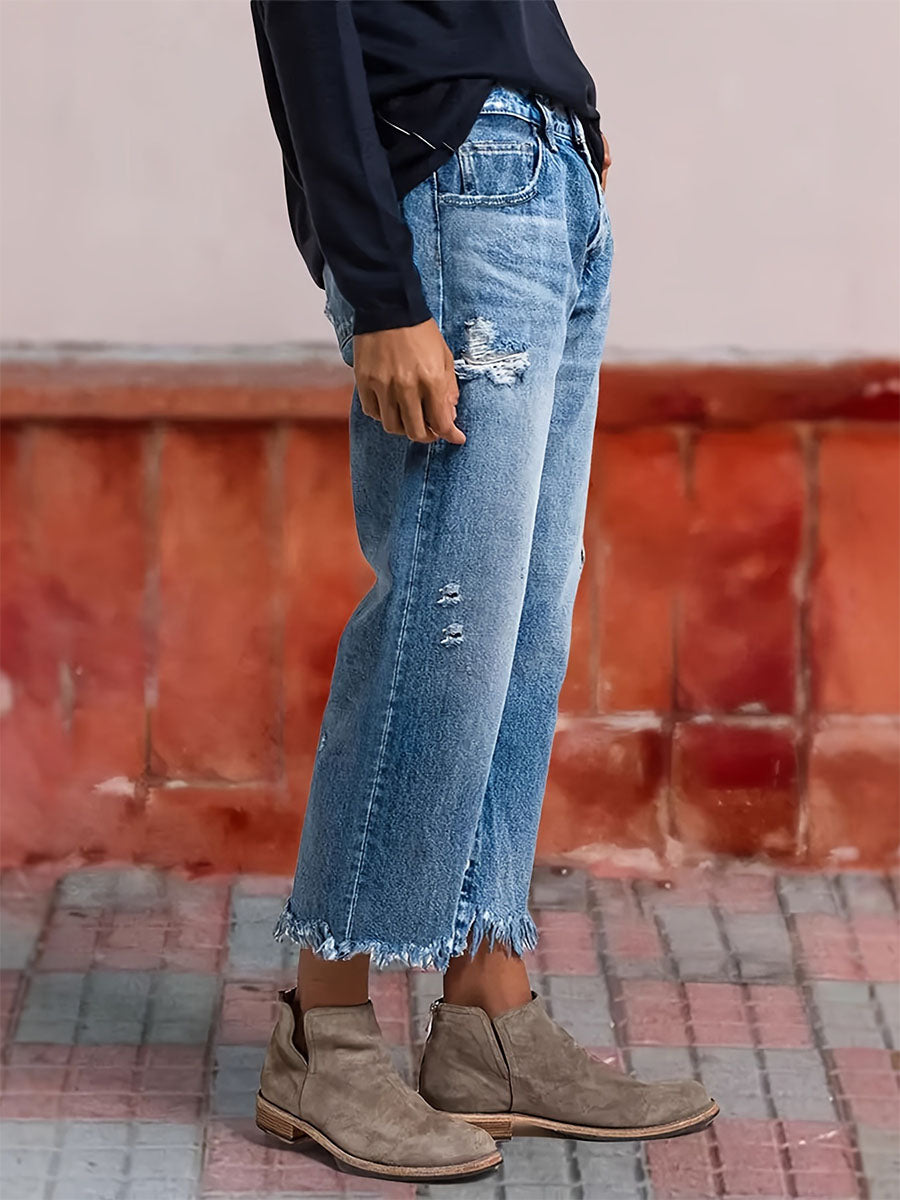 Distressed Raw Hem Straight-Leg Jeans