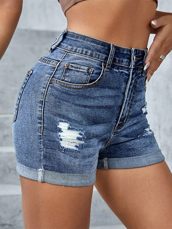 Soft Cuffed Ripped Jeans Mid Rise Stretch Denim Shorts