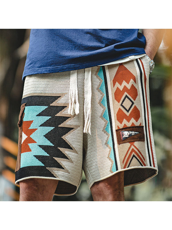 Vintage Drawstring Navajo Loose Shorts Contrast Color Geometric Shorts