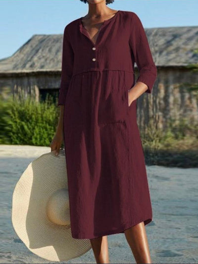 Round Neck Button Pocket Long Sleeve Solid Color Dress