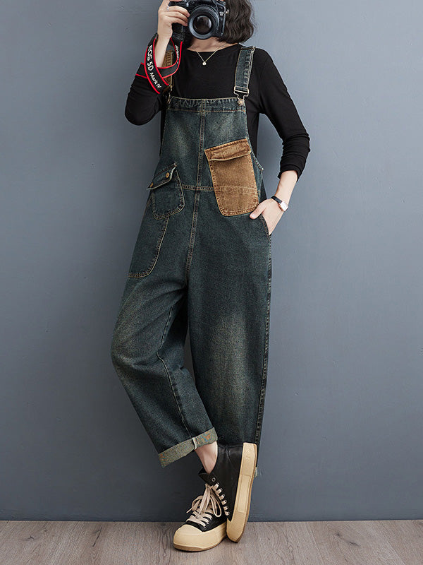 Salopette en denim délavé contrasté pour femme