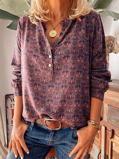 Bohemian Print Button-Front Long Sleeve Blouse