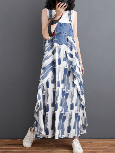 Denim Patchwork Watercolor Maxi Overall Dress