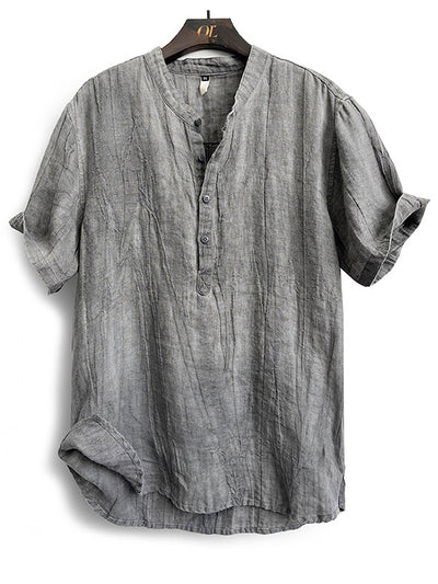 Men's 100% Linen Stand Collar Half Sleeve T-Shirt