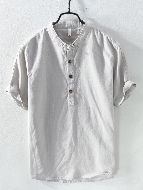 T-shirt à manches courtes et col montant en mélange de coton et de lin pour homme